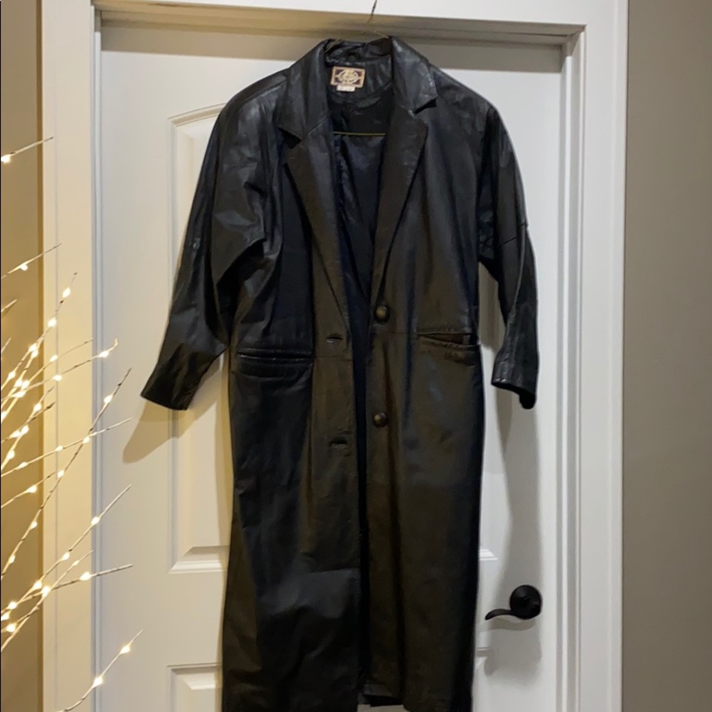 Full length black leather coat